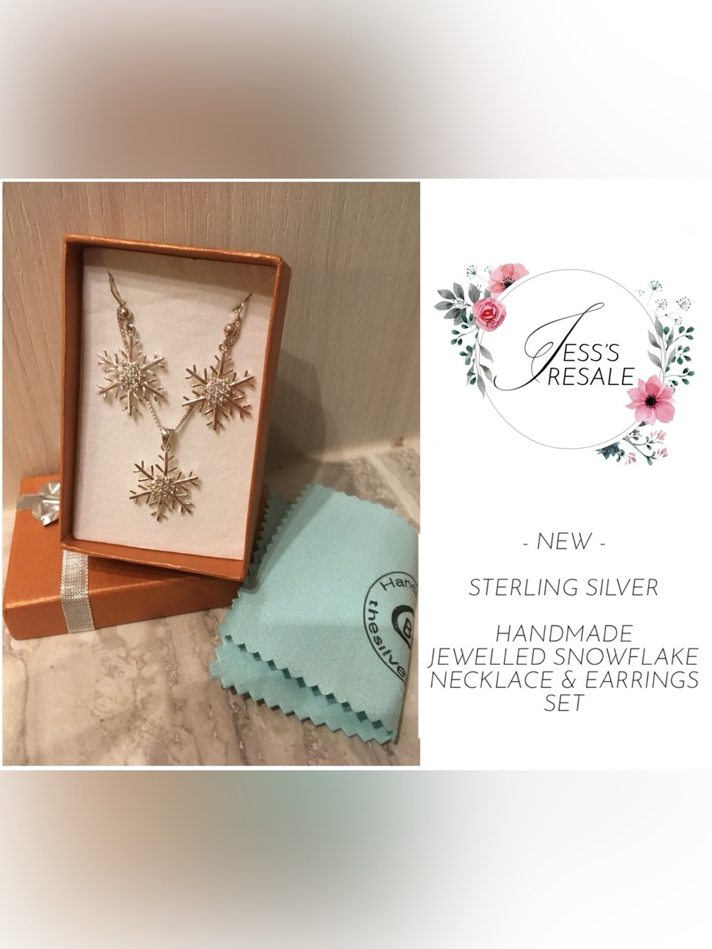 HANDMADE - NEW - STERLING SILVER SNOWFLAKE NECKLACE / PENDANT AND EARRING SET